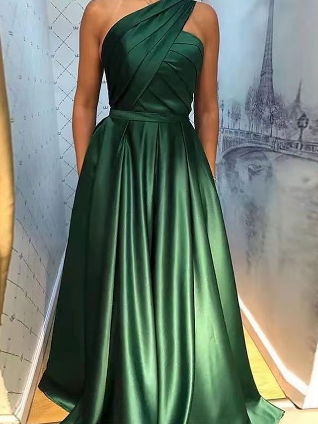  A-Linje Quinceañera Kjoler Elegant Kjole Bryllup Bryllupsgjester Gulvlengde Ermeløs En Skulder Chiffon Sateng Bakløs med Falsker