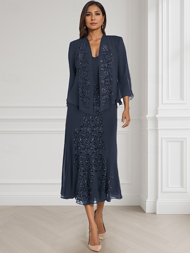  Vestido de madre de la novia en forma de A dos piezas elegante con cuello cuadrado larga chiffon manga larga con envoltura incluida bordado de niveles de encaje 20