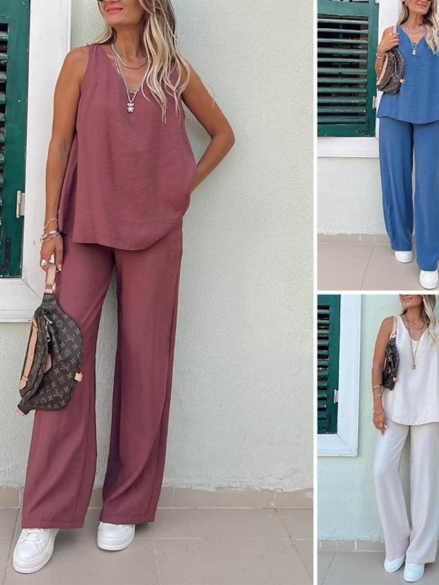  Damen Aktiv Basic Baumwoll-Leinen-Sets Bluse Hosen-Sets Ärmellos V Ausschnitt Einfarbig Täglich Alltagstauglich Wein Königsblau Beige Sommer Normale Passform