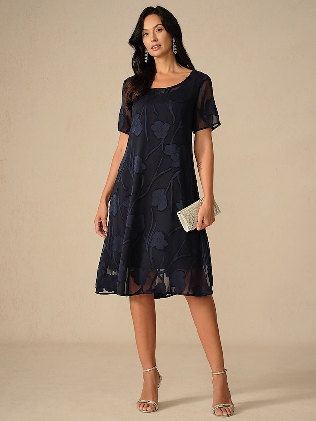  Dame Knelang kjole Chiffonkjoler Elegant Fritid Løstsittende Blomstret Kortermet Crew-hals Navyblå Sommer