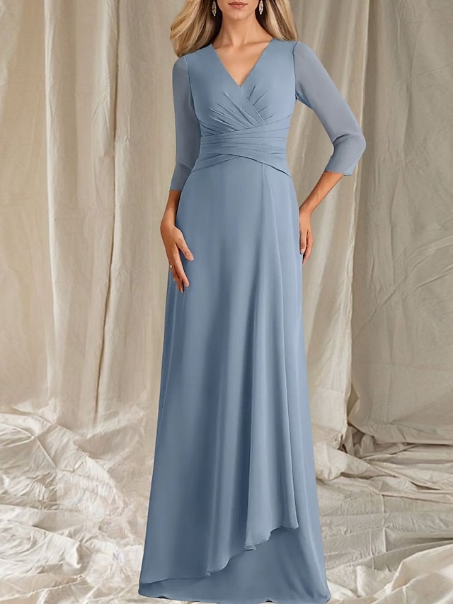  A-Line Mother of the Bride Dress Wedding Guest Elegant V Neck Floor Length Chiffon 3/4 Length Sleeve with Tier Ruching 2025