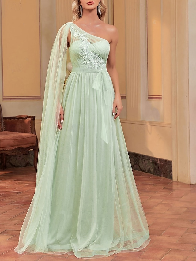  Robes de mariage vertes A-Line avec appliques en dentelle à une épaule sans manches longueur de sol en chiffon robes de mariée avec détails froncés