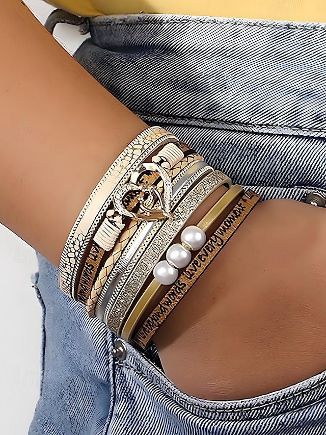  Bracelet magnétique en similicuir pour femme – Bracelet manchette en alliage avec breloque cœur et perle et texte inspirant, bijou tendance style bohème, idéal pour la fête des mères, les anniversaires et les tenues décontractées.