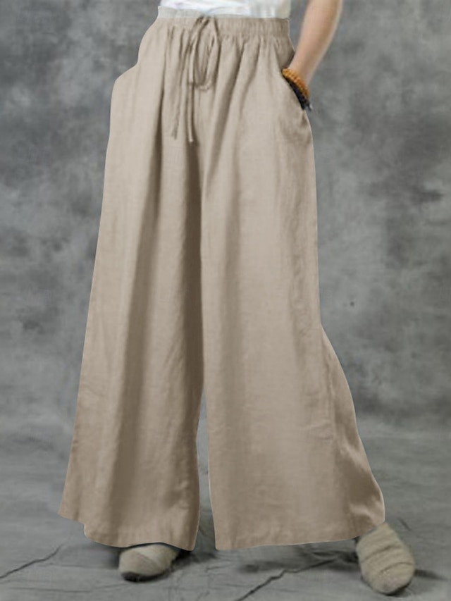  Pantaloni in Cotone e Lino da Donna Pantaloni Baggy a Gamba Larga Colore Unito Vacanza Base Casual Lunghezza Completa Vita Alta Semplice Tasca Elasticizzato Comfort Esterno Micro-elastico Vacanza