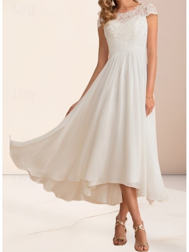  Engagement Little White Dresses Wedding Dresses A-Line Boat Neck Regular Straps Asymmetrical Chiffon Bridal Gowns With Pleats Ruched