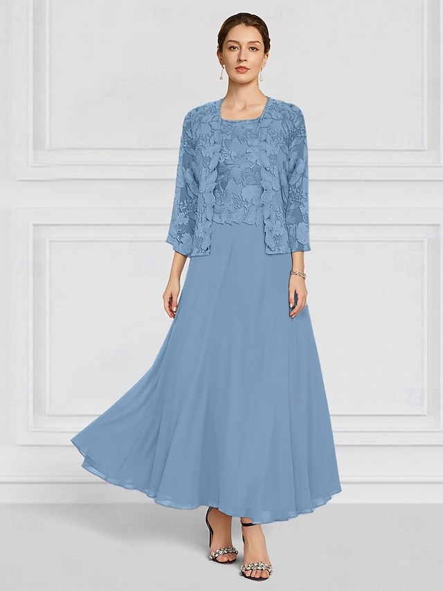  Zweiteilig Kleid-Sets Brautmutterkleid Hochzeitsgast Kirche Elegant Rundhalsausschnitt Knöchellänge Chiffon Langarm mit Spitze Stickerei 2025