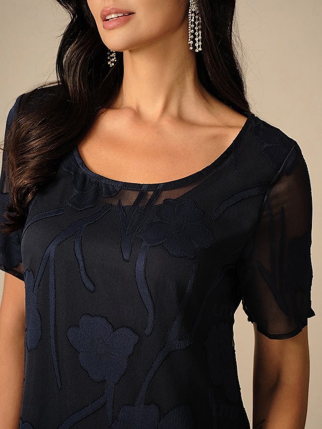  Dame Knelang kjole Chiffonkjoler Elegant Fritid Løstsittende Blomstret Kortermet Crew-hals Navyblå Sommer