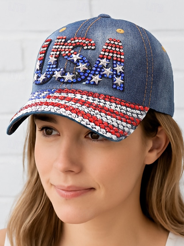  șapcă de baseball din denim cu strass SUA – pălărie strălucitoare cu steag american patriotic pentru femei și bărbați, accesoriu reglabil pentru ținuta de 4 iulie pentru ziua independenței