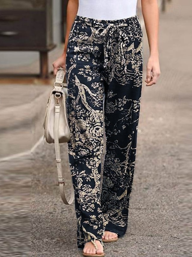 Mujer Pantalones de lino y algodón pantalones Moda Ropa de calle Longitud total Cintura Media Flor Estampado Confortable Al Aire Libre Cómodo Ropa Cotidiana Fin de semana Rojo oscuro Amarillo-marrón