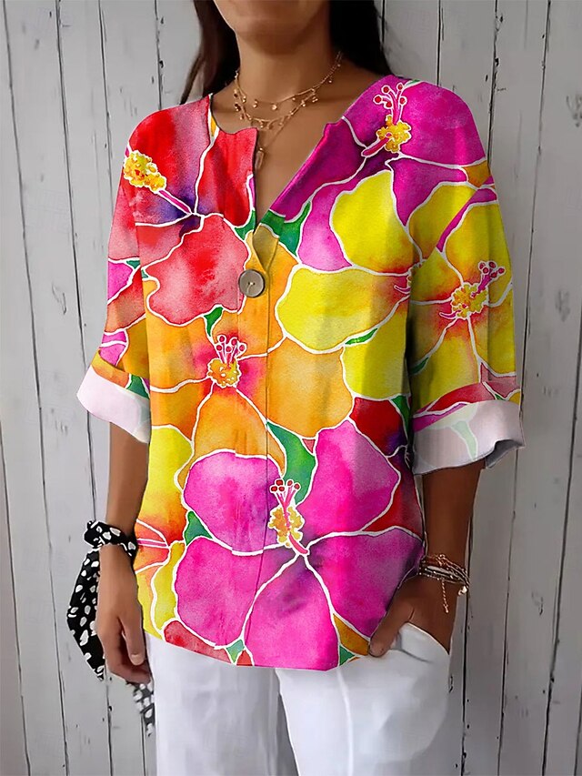 Women's Shirt Long Sleeve  V Neck Floral Graphic Vintage Tropical Hawaiian 3/4 Length Sleeve Crew Neck Regular Tops Daily Holiday Beach Wear Print Fuchsia Summer Spring4