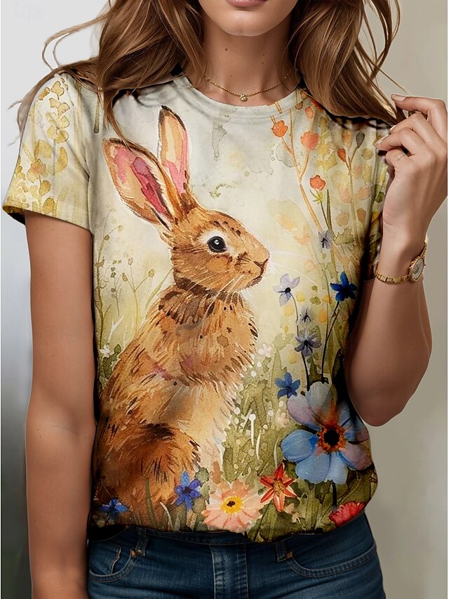  Pâques Femmes T-shirt Graphique Animal ancien Élégant Classique Manche Courte Col ras du cou Col rond Hauts Réguliers Quotidien Week-end Imprimé Jaune Été Printemps