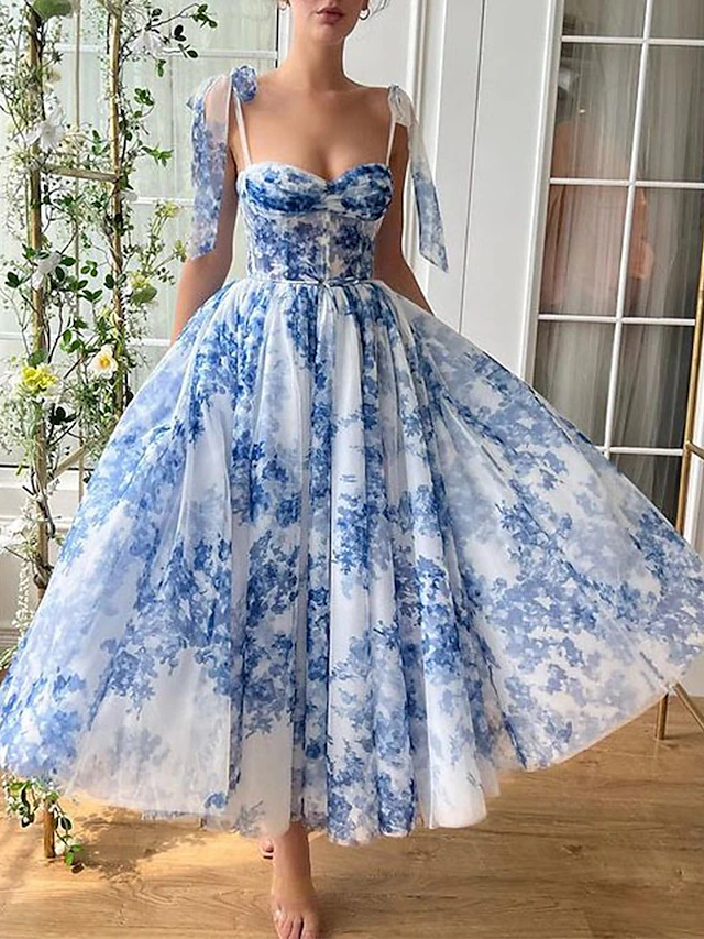 Robe de Bal A-Line Robe Corbeille Semi Formelle Mariage Longueur Thé Mi ...