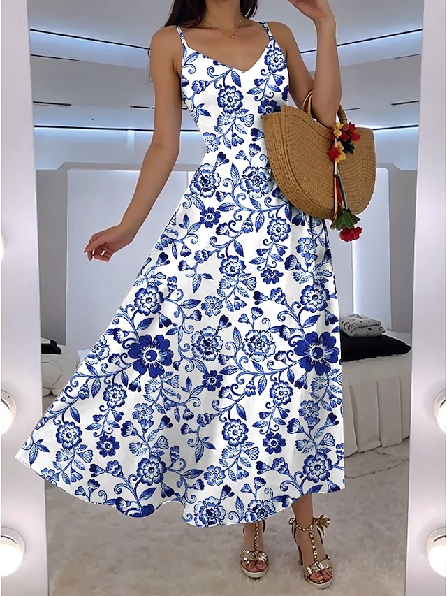  Femmes Robe maxi Robe trapèze Robe Nuisette Vacances Occasionnel Boho Soirée Sortir Coupe Standard Fleuri Graphique Sans manches Col en V Blanche Rose Claire Bleu Vert Été Printemps
