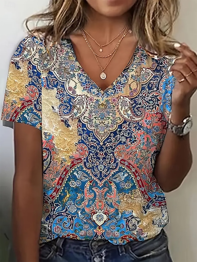  Dam T-shirt Summer Tops Grafisk Geometrisk Klassisk Ledigt Kortärmad V-hals Crop Tops Dagligen Helgen Mönster Regnbåge Sommar Vår Höst