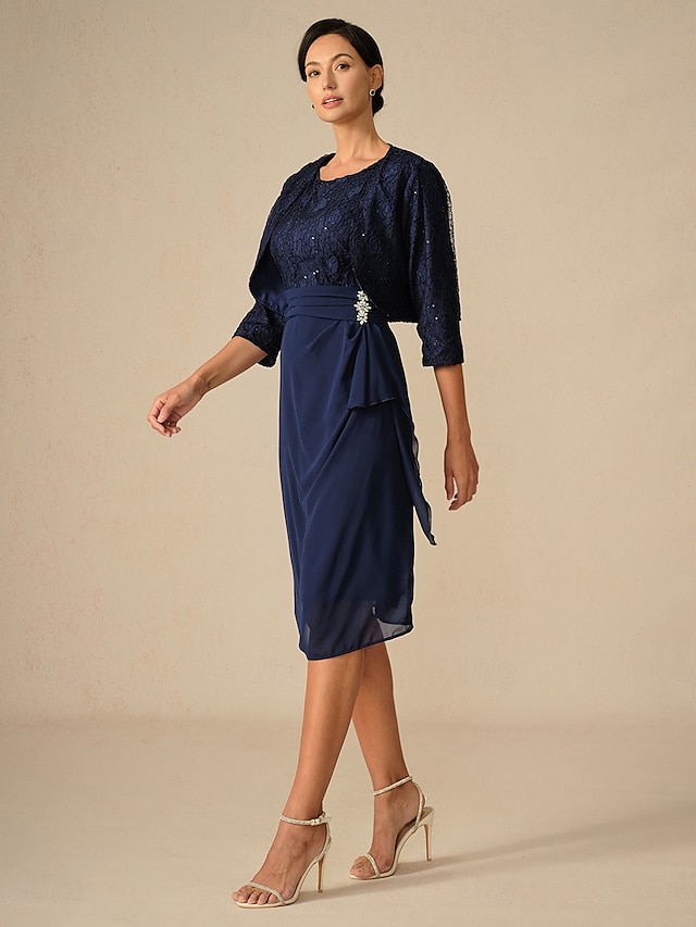  Dam Telängd Spetsklänning Festklänning Cocktail klänning Bröllopsgästklänning Elegant Mode party Formell Bröllopsgäst Cocktailfest Normal Ren färg 3/4 ärm Rund hals Marinblå Vår Höst Vinter