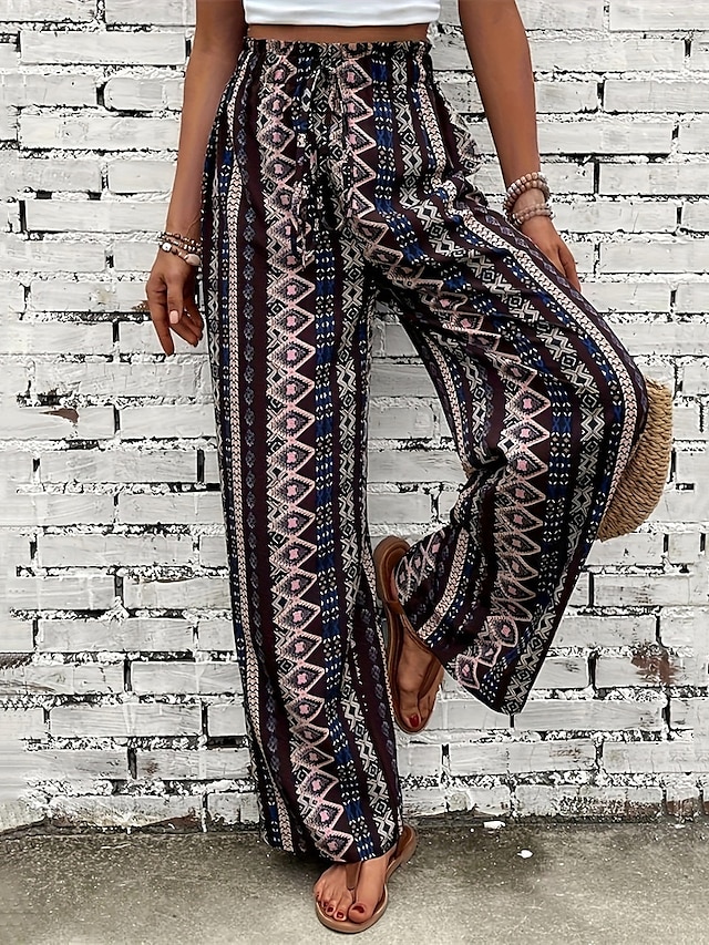  Mujer Perneras anchas Pantalones Vacaciones Boho Longitud total Media cintura Geometría Cintura elástica Transpirable Cómodo Microelástico Calle Ropa Cotidiana Noche Café Verano Ajuste regular