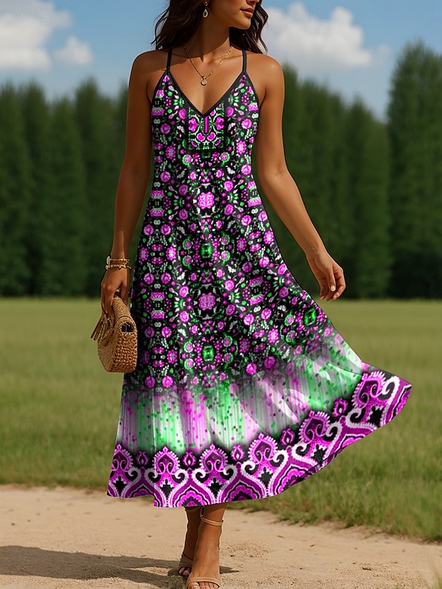  Mulheres Vestido Longo Vestido A Line Vestido de decote Férias Casual Ao ar livre Normal Floral Gráfico Sem Manga Decote V Com Alças Finas Amarelo Vermelho Azul Roxo Verão Primavera
