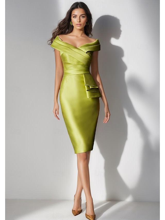  Robe de cocktail élégante en satin extensible jaune et vert, tenue de soirée formelle pour invités de mariage, longueur thé, manches courtes, épaules dénudées, avec fente, 2025