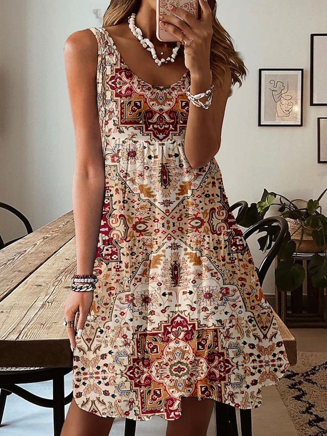  Damen Minikleid Sommerkleid A Linie Kleid Schulterfreies Kleid Urlaub Lässig Strand Normale Passform Blumen Grafik Paisley-Muster Ärmellos Rundhalsausschnitt Leicht Braun Sommer