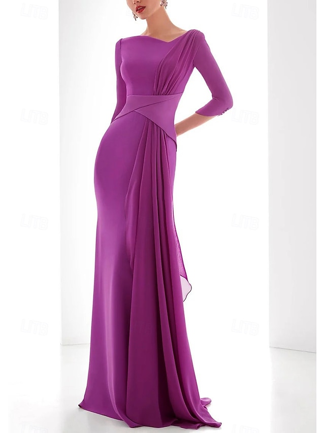  Robe de Soirée Sirène Élégante Robe Formelle Automne Longueur Sol Manche 3/4 Col V Chiffon avec Froncé Volants 2025