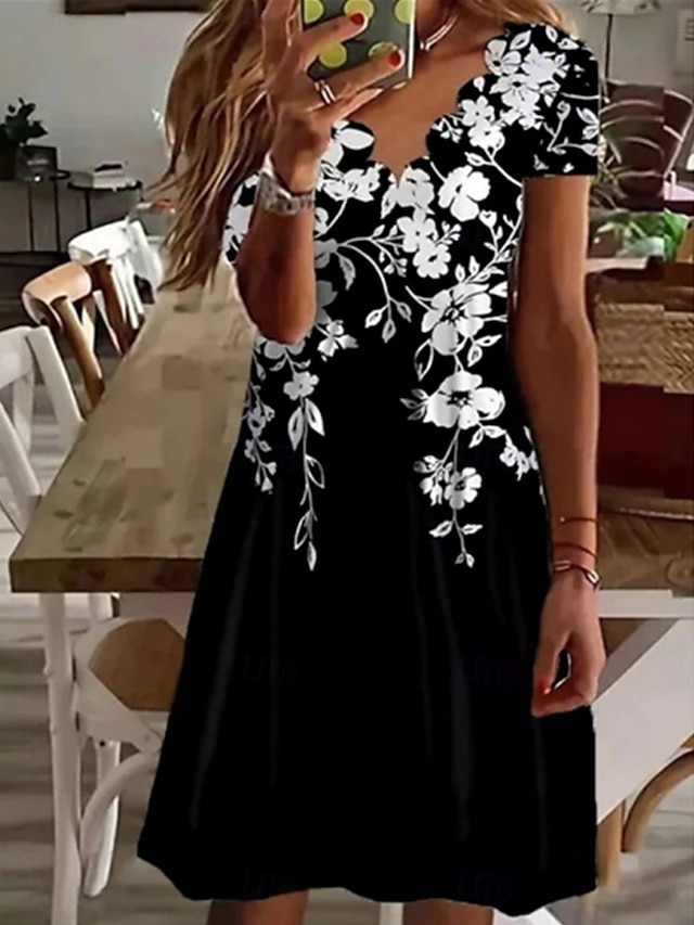  Dames Mini-jurk A lijn jurk Zomerjurk Casual Dagelijks Normale pasvorm Bloemig Grafisch Korte mouw V-hals Zwart Wit Blozend Roze blauw Zomer