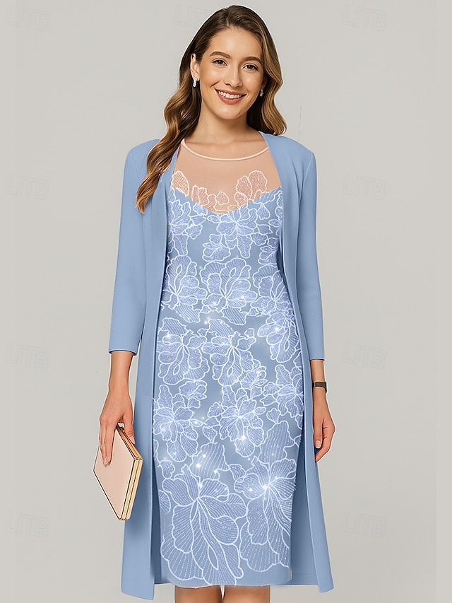  Ensembles de Robes Deux Pièces Robe Mère de la Mariée Élégante Illusion Col Longueur Genoux Chiffon Manches Mi-Longues avec Broderie de Sequins