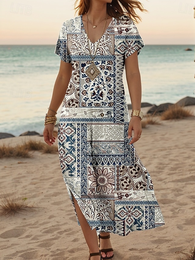 Women's Midi Dress Sundress A Line Dress Summer Dress Vacation Casual Daily Regular Fit Floral Graphic Short Sleeve V Neck Blue Summer Spring Fall