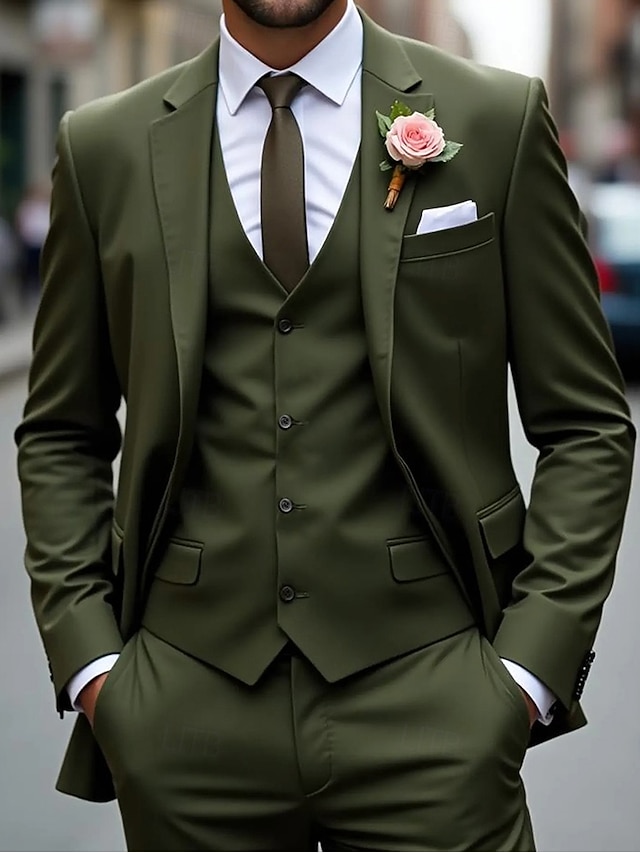 Pour des hommes Affaires Mariage d'automne Costumes Revers Cranté Vert Véronèse Mode Formel Couleur Unie Coupe Standard 3 pièces Simple Boutonnage Deux Boutons