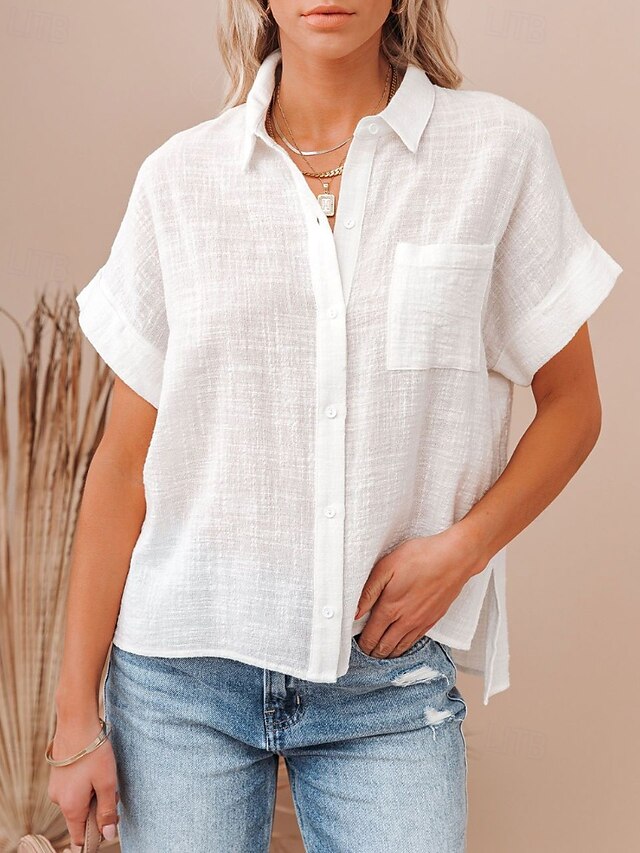  Per donna Camicie di cotone e lino Blusa Semplice Moderno Casual Manica Corta Colletto a Camicia Top Regolari Ferie Uscire Bottoni Tasca Nero Bianco Rosa Estate