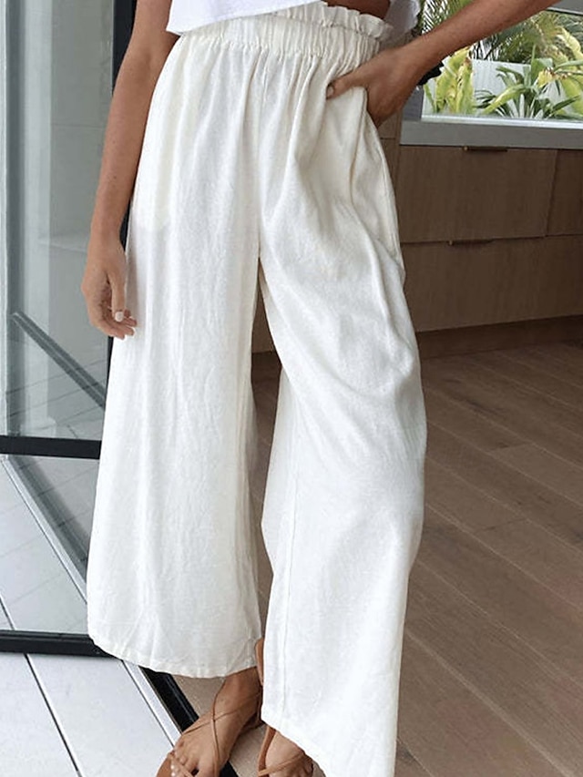  Per donna Culotte Gamba Larga Pantaloni in cotone e lino Pantaloni Eleganti Moda Streetwear Lunghezza intera Naturale Semplice Elastico in vita Comodo All'aperto Confortevole Streetwear Uscire Bianco