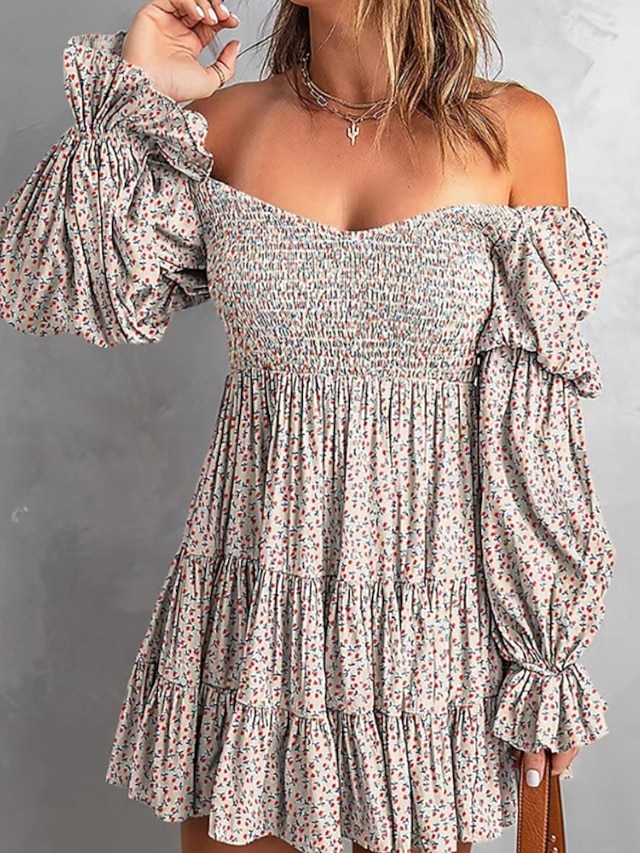  Damen Minikleid Blumenkleid Boho-Kleid Druckkleid Westernkleid Klassisch Modern Outdoor Urlaub Ferien Normale Passform Blume Langarm Schulterfrei Blau Braun Grün Aprikose Sommer