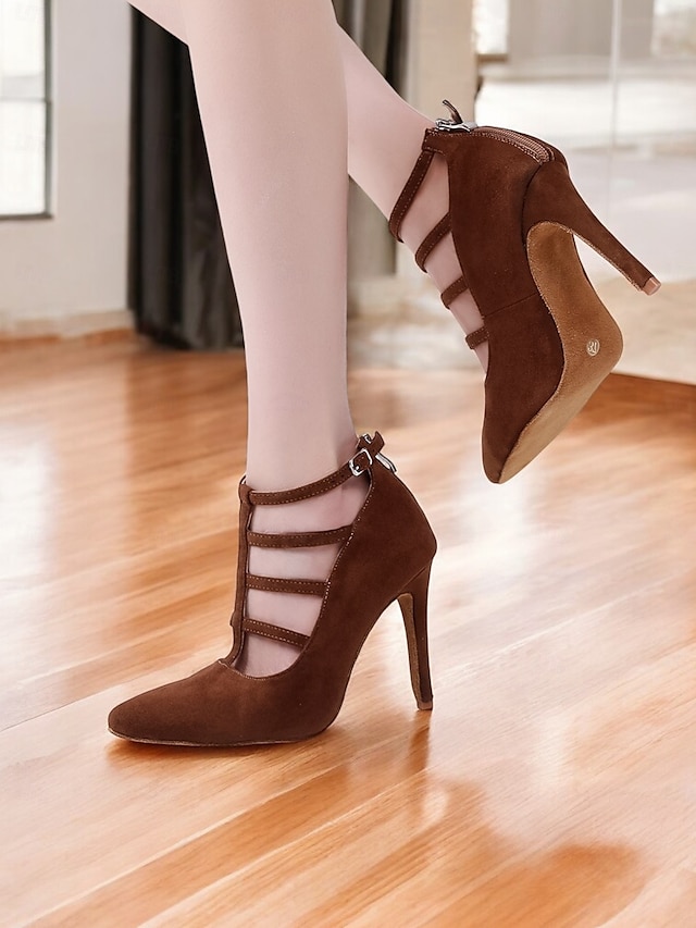  Brown Suede Strappy High Heel Dance Shoes for Women – Elegant Closed Toe Latin Ballroom Practice Pumps