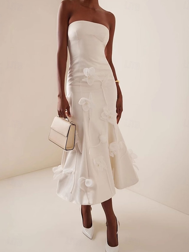  Abiti da sposa con applicazioni floreali 3D abito da doccia per la sposa senza maniche lunghezza midi in satin sirena con colore solido
