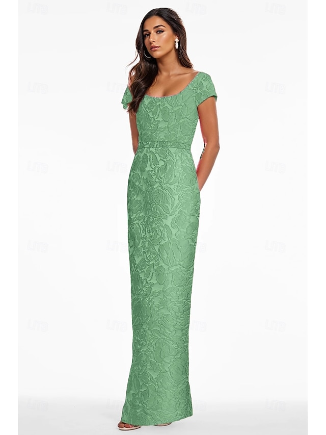  Robe de Soirée Colonne Florale Jacquard Élégante Robe Formelle Mariage Longueur Cheville Manches Courtes Décolleté en V Nylon avec Imprimé Floral Poche Fendue Robe Invité de Mariage