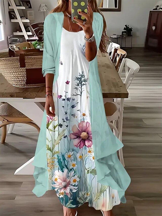 Women's Dress Set Maxi Dress A Line Dress Summer Dress Vacation Boho Ombre Floral Print 3/4 Length Sleeve Crew Neck Outdoor Daily Light Green Summer Spring Loose Fit4