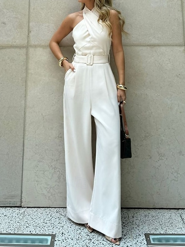  Women's Normal Two Piece Sets Streetwear Solid Color Sleeveless Straight Halter Neck Pocket Street Daily Regular Fit White Summer