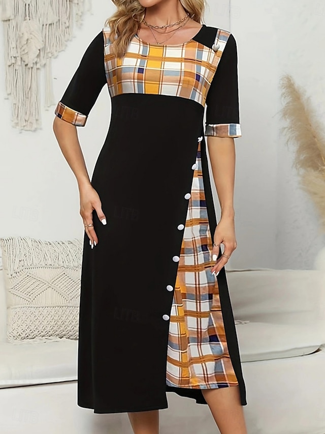  Pentru femei Rochii Midi Rochie A line Vacanță Casual În aer liber Ieșire Fit standard Grafic Plisat Manșon Jumate Crewneck Negru Galben Roșu Vin Mov Vară