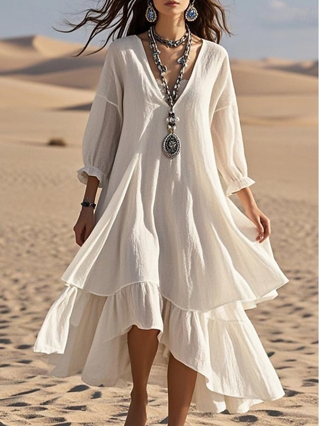  Women's Maxi Dress A Line Dress Linen Casual Party Beach Regular Fit Solid Color Plain 3/4 Length Sleeve V Neck White Summer