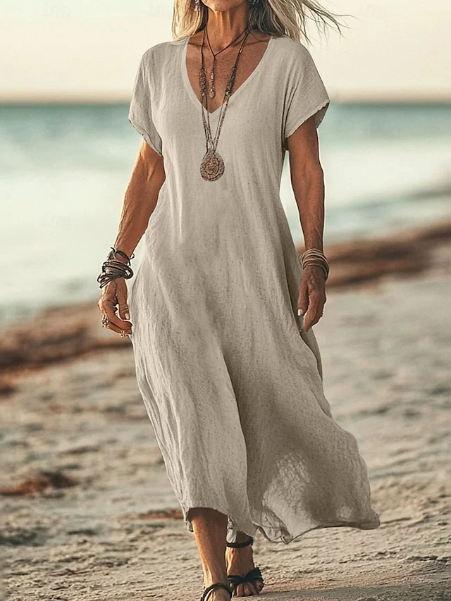  Women's Midi Dress Sundress Summer Dress Casual Daily Holiday Beach Regular Fit Linen Like Plain Short Sleeve V Neck White Pink Blue Green Summer