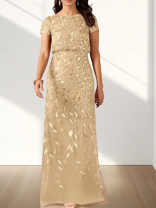  Rochie A-line pentru mama mirilor invitat la nuntă elegantă cu guler rotund lungime la podea dantelă mânecă scurtă cu detalii din dantelă