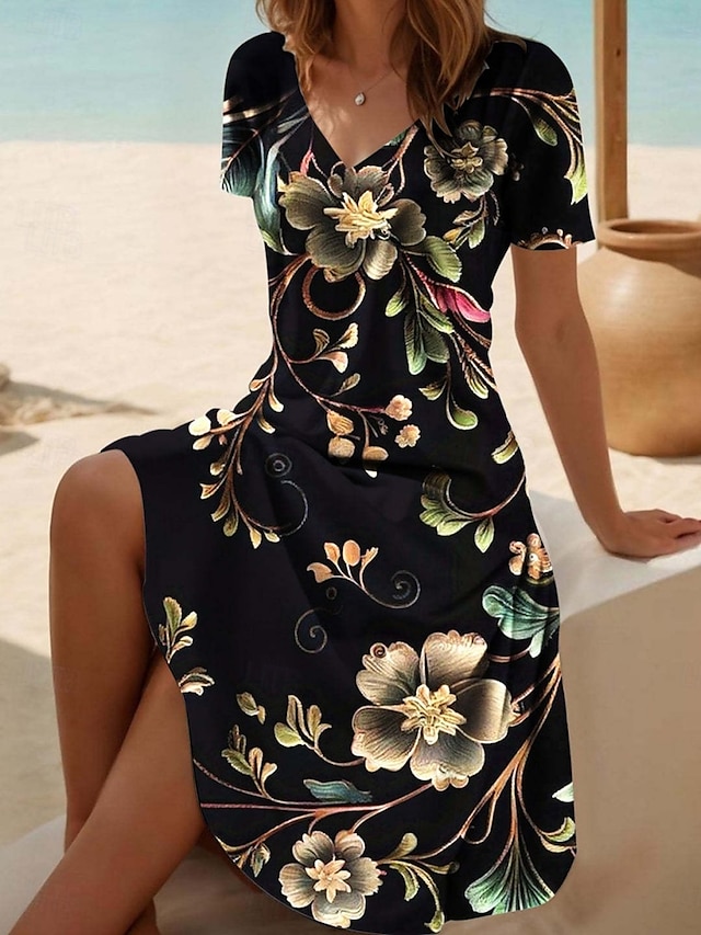  Femmes Robe Midi Robe Décontractée Robe de patinage Robe d'été Mode Moderne Quotidien Plage Week-end Coupe régulière Fleuri Manche Courte Col en V Noir Blanche Bleu Violet Été