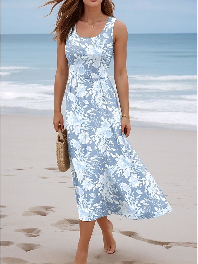 Pentru femei Rochie Maxi Rochie de Vară Rochie A line Rochie Slip Rochie plisata Vacanță Casual Boho Ieșire Plajă Fit regulat Floral Grafic Fără manșon În U Albastru piscină Vară Primăvară