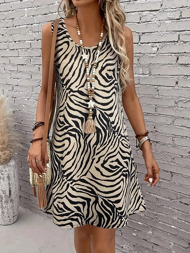 Women's Mini Dress Sundress A Line Dress Summer Dress Vacation Casual Daily Loose Fit Graphic Geometric Sleeveless U Neck Brown Summer3
