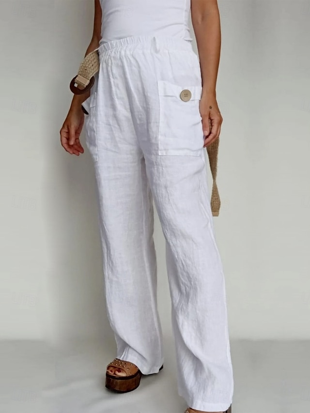 Pantaloni ampi in cotone e lino A tinta unita Chinos Pantaloni baggy Basic Casual Lunghezza intera Vita alta Semplice Pockets Fascia elastica Comfort All'aperto Micro-elastico Vacanze Strada