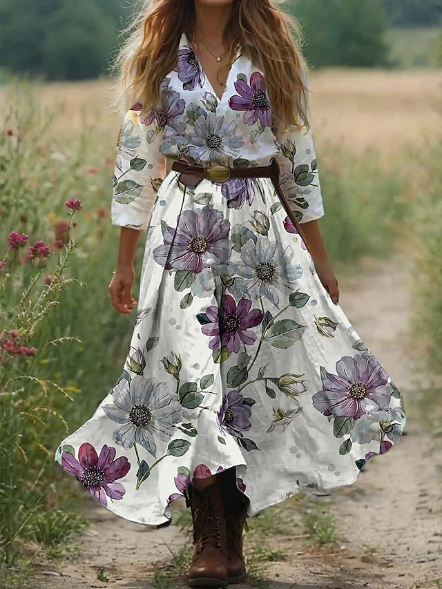  Kvinnors Boho Klänning Västern Klänning Maxi Klänning Sommarklänning Plisserad Klänning Semester Avslappnad Boho Ute Beach Standard Fit Grafisk Paisley 3/4 Längd Ärme V-Hals Vit Blå Orange Grön