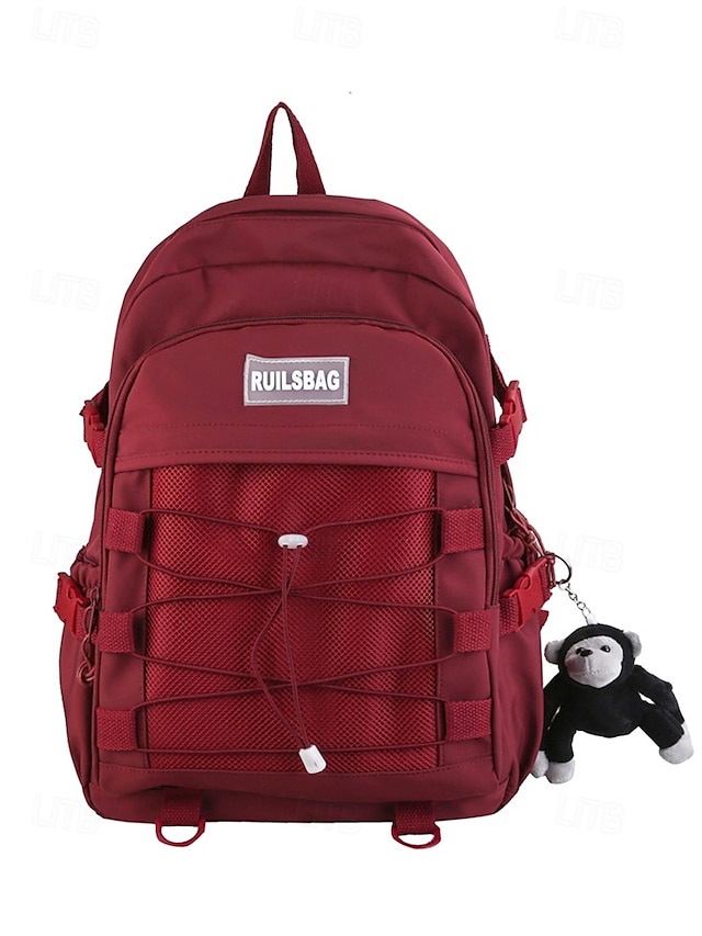  Unisex School Backpack with Monkey Keychain – Durable Red Travel Bookbag with Mesh Front Pocket and Bungee Cord for Teens and Students
