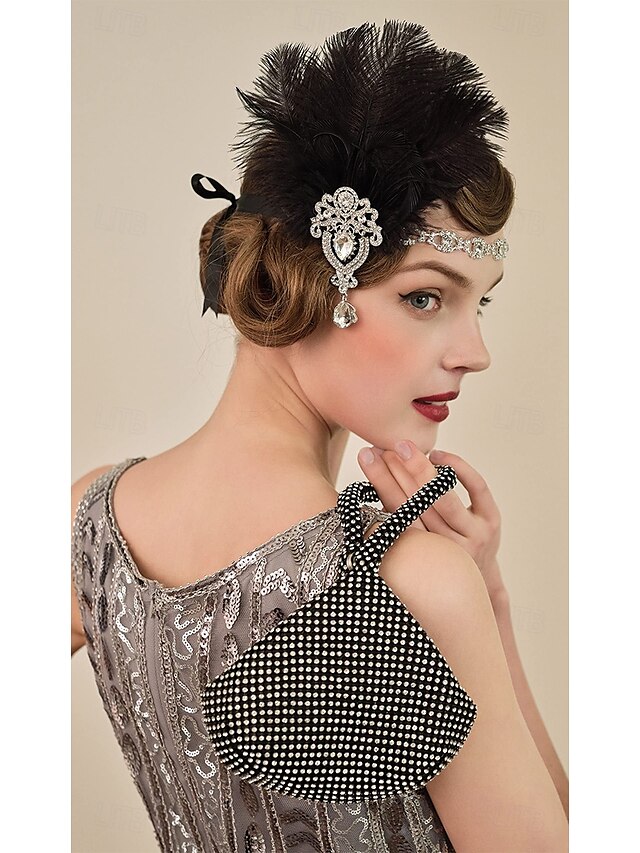 A nagy Gatsby Flapper fejpánt Gyöngyös karkötő Fülbevaló A nagy Gatsby Toll Retro Csillogó glitter Női Farsang Valentin nap Álarcos mulatság Party estélyi viselet Álarcos mulatság Fesztivál Felnőttek