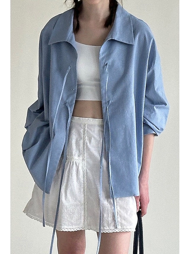  Femmes Chemise Boutonner Chemise en coton et lin Uni Rayé Élégant Moderne manche longue Col de chemise Hauts Réguliers Fête Sortir Nœud devant Blanche Bleu Bleu clair Été