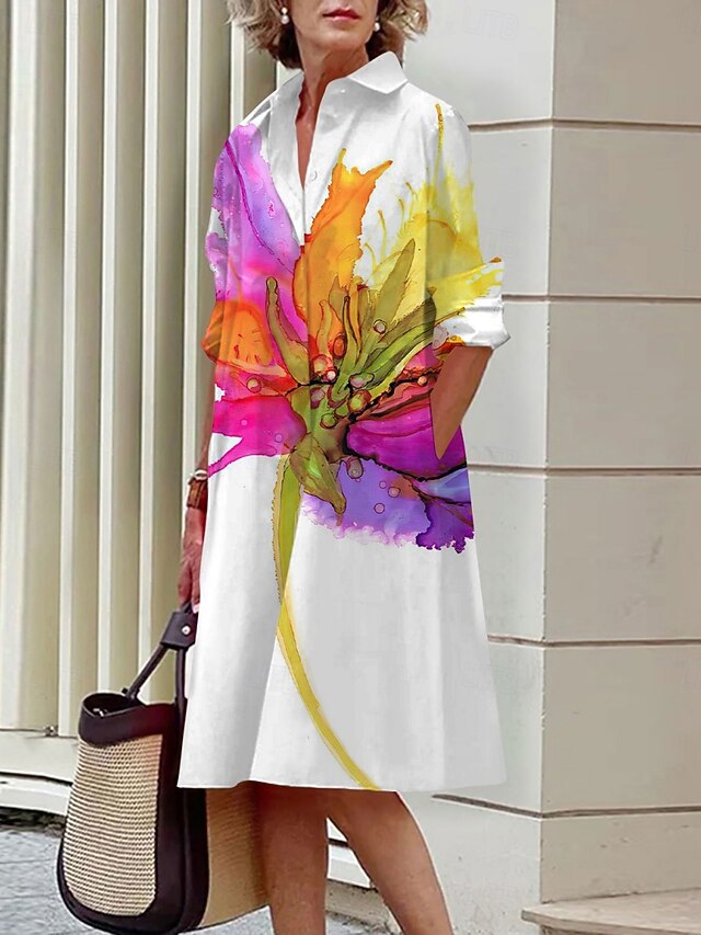 Women's Mini Dress Shirt Dress Casual Dress Summer Dress Fashion Vacation Daily Weekend Regular Fit Floral Long Sleeve Shirt Collar White Blue Purple Summer4