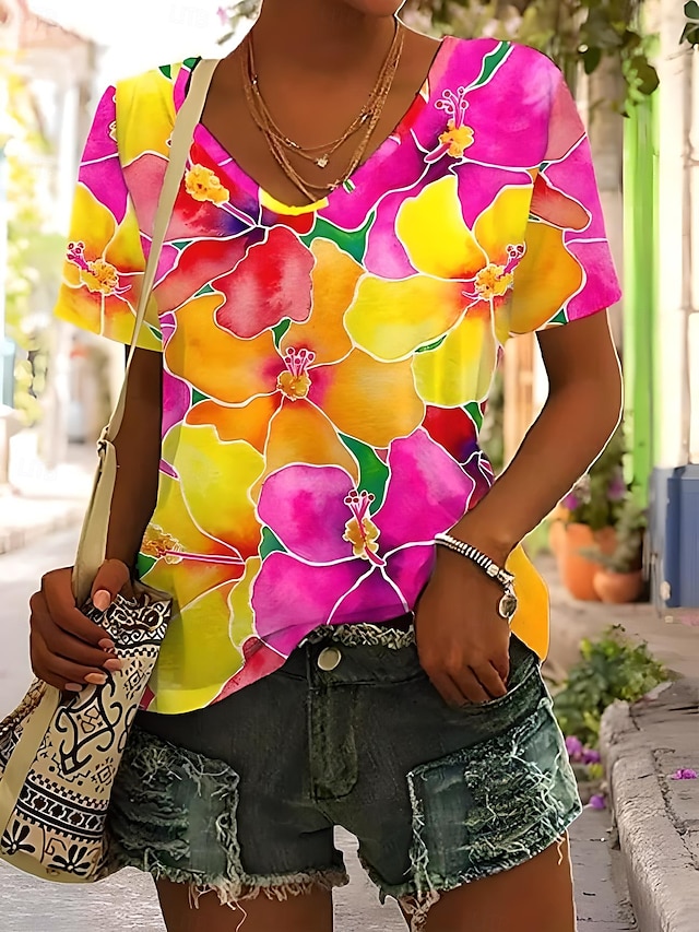  Per donna Maglietta Floreale Grafico Piante Vintage Tropicale Hawaiano Manica Corta Scollo a V Top Regolari Quotidiano Stampato Rosa Blu Reale Blu Verde Estate Primavera